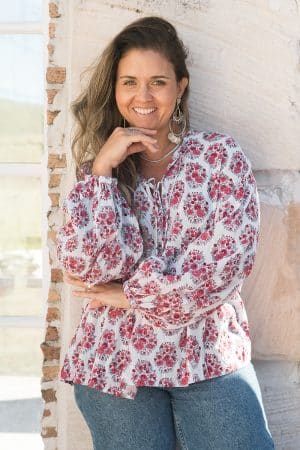 Womens, Indira blouse, long sleeve, 100% cotton, hand block print. In pink floral Parisa print.