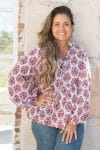 Womens, Indira blouse, long sleeve, 100% cotton, hand block print. In pink floral Parisa print.