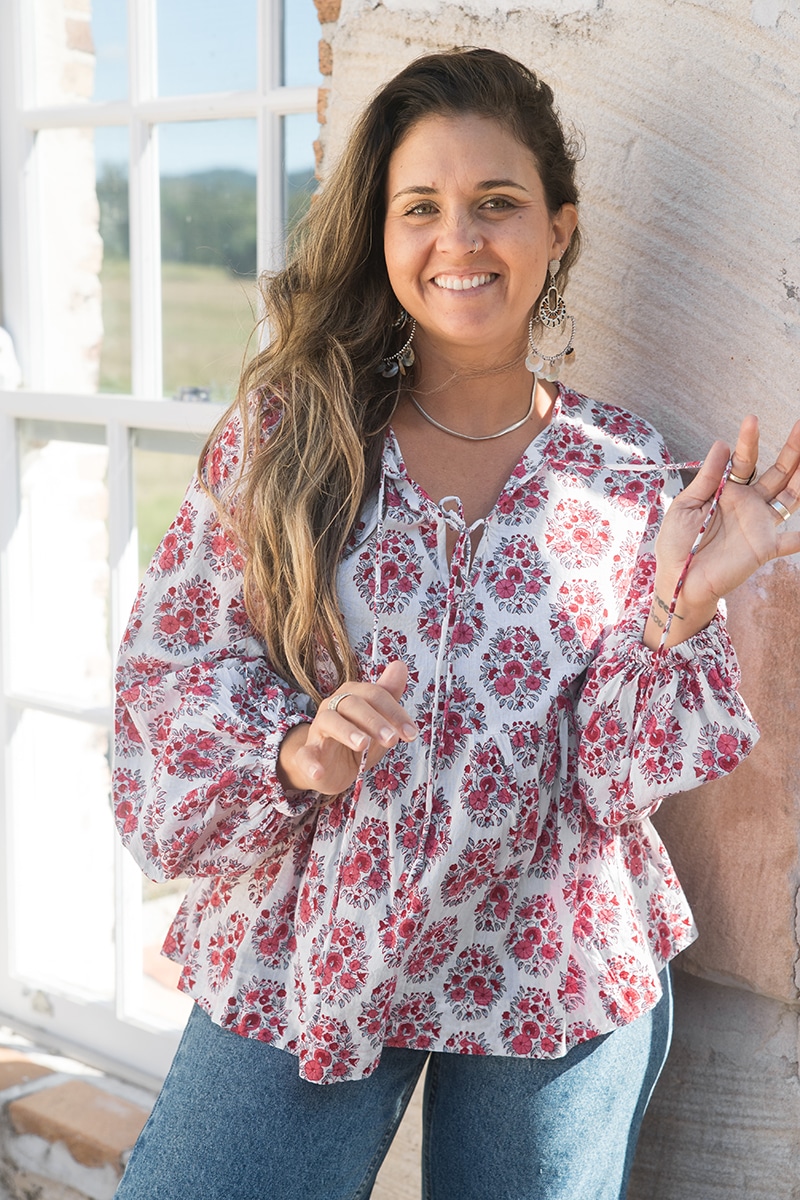 Womens, Indira blouse, long sleeve, 100% cotton, hand block print. In pink floral Parisa print.