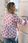 Womens, Indira blouse, long sleeve, 100% cotton, hand block print. In pink floral Parisa print.