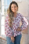 Womens, Indira blouse, long sleeve, 100% cotton, hand block print. In pink floral Parisa print.