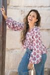 Womens, Indira blouse, long sleeve, 100% cotton, hand block print. In pink floral Parisa print.