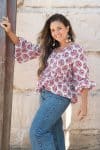 Womens, Indira blouse, long sleeve, 100% cotton, hand block print. In pink floral Parisa print.