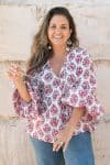 Womens, Indira blouse, long sleeve, 100% cotton, hand block print. In pink floral Parisa print.