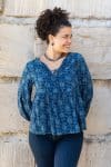 Womens, Indira blouse, long sleeve, 100% cotton, hand block print. In natural Indigo Lila print.