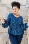 Womens, Indira blouse, long sleeve, 100% cotton, hand block print. In natural Indigo Lila print.