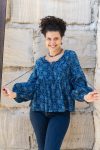 Womens, Indira blouse, long sleeve, 100% cotton, hand block print. In natural Indigo Lila print.