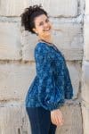 Womens, Indira blouse, long sleeve, 100% cotton, hand block print. In natural Indigo Lila print.