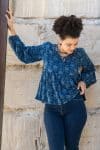 Womens, Indira blouse, long sleeve, 100% cotton, hand block print. In natural Indigo Lila print.