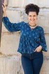 Womens, Indira blouse, long sleeve, 100% cotton, hand block print. In natural Indigo Lila print.