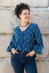 Womens, Indira blouse, long sleeve, 100% cotton, hand block print. In natural Indigo Lila print.