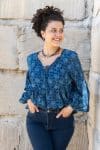 Womens, Indira blouse, long sleeve, 100% cotton, hand block print. In natural Indigo Lila print.