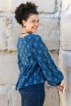 Womens, Indira blouse, long sleeve, 100% cotton, hand block print. In natural Indigo Lila print.