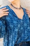 Womens, Indira blouse, long sleeve, 100% cotton, hand block print. In natural Indigo Lila print.