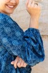 Womens, Indira blouse, long sleeve, 100% cotton, hand block print. In natural Indigo Lila print.