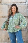 Womens, Indira blouse, long sleeve, 100% cotton, hand block print. In Evergreen print.