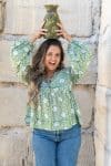 Womens, Indira blouse, long sleeve, 100% cotton, hand block print. In Evergreen print.