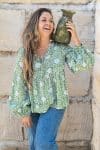 Womens, Indira blouse, long sleeve, 100% cotton, hand block print. In Evergreen print.