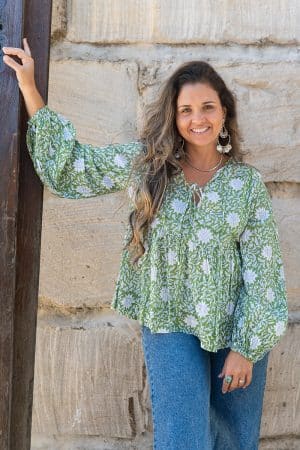 Womens, Indira blouse, long sleeve, 100% cotton, hand block print. In Evergreen print.