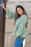 Womens, Indira blouse, long sleeve, 100% cotton, hand block print. In Evergreen print.