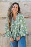 Womens, Indira blouse, long sleeve, 100% cotton, hand block print. In Evergreen print.
