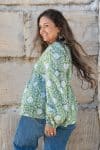 Womens, Indira blouse, long sleeve, 100% cotton, hand block print. In Evergreen print.