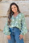Womens, Indira blouse, long sleeve, 100% cotton, hand block print. In Evergreen print.