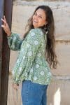 Womens, Indira blouse, long sleeve, 100% cotton, hand block print. In Evergreen print.