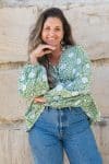 Womens, Indira blouse, long sleeve, 100% cotton, hand block print. In Evergreen print.