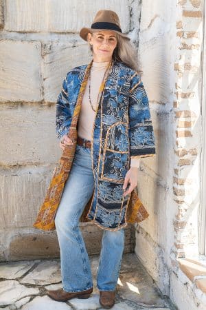 Womens, Kantha Dust Coat, reversible, handmade from 100% cotton recycled Vintage fabrics, in Sitar