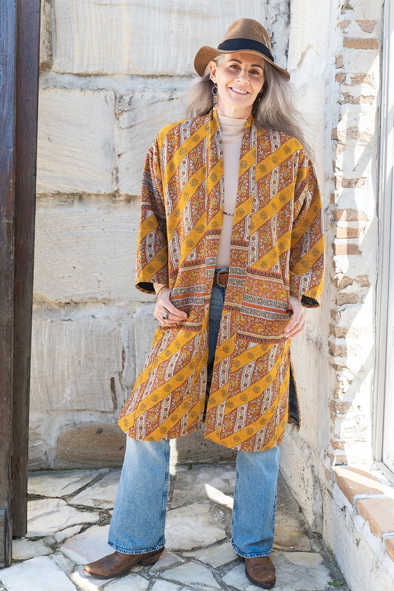 Womens, Kantha Dust Coat, reversible, handmade from 100% cotton recycled Vintage fabrics, in Sitar