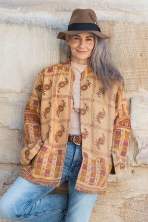 Womens, Rustic Kantha Jacket, handmade from 100% cotton recycled Vintage fabrics, in Halva