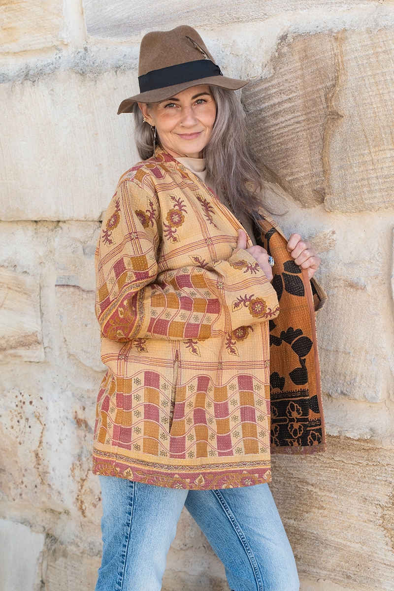 Womens, Rustic Kantha Jacket, handmade from 100% cotton recycled Vintage fabrics, in Halva