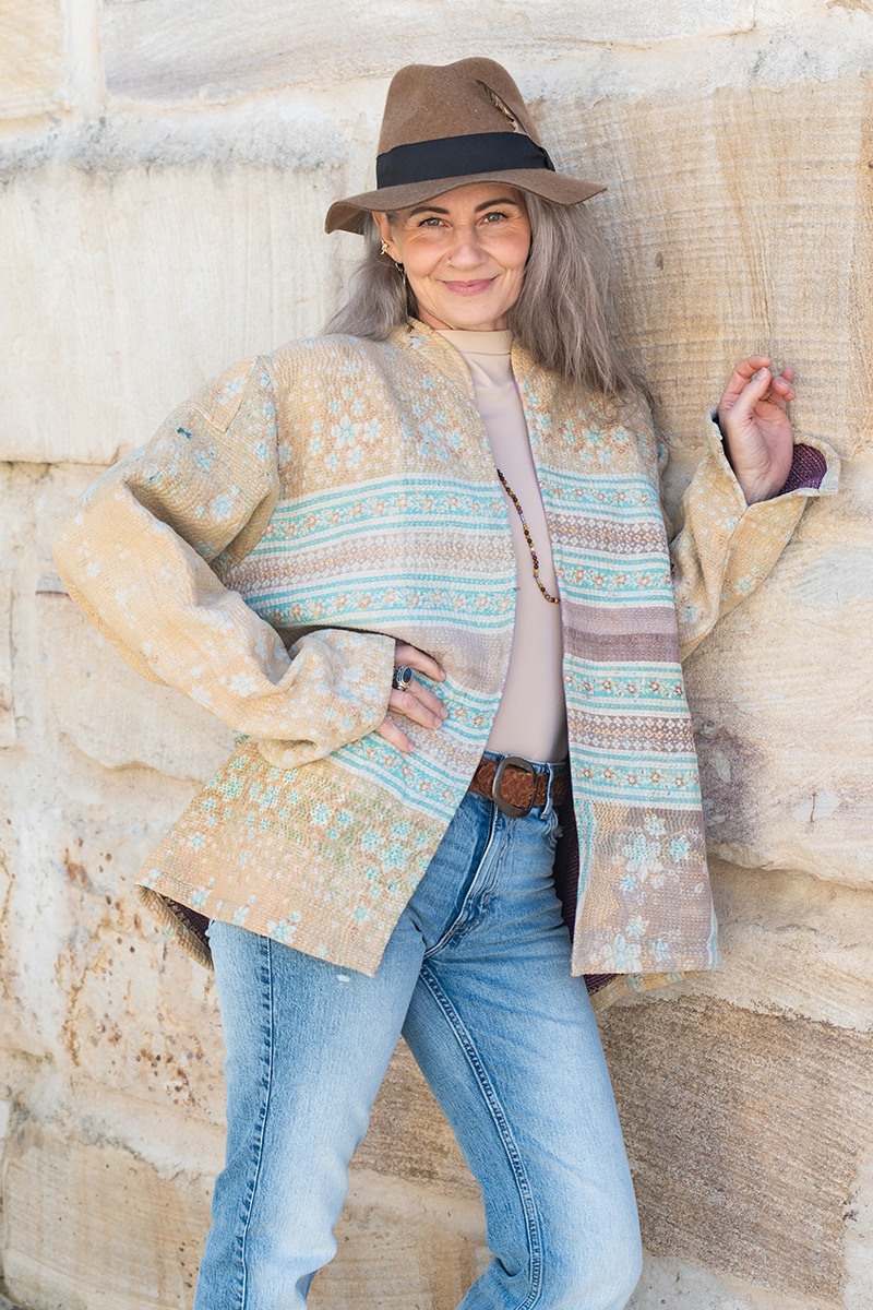 Womens, Rustic Kantha Jacket, handmade from 100% cotton recycled Vintage fabrics, in Romi