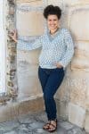 Womens, Sahana blouse, long sleeve, 100% cotton, hand block print. In aqua & grey Aureya print.