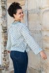 Womens, Sahana blouse, long sleeve, 100% cotton, hand block print. In aqua & grey Aureya print.