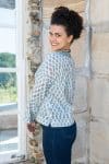Womens, Sahana blouse, long sleeve, 100% cotton, hand block print. In aqua & grey Aureya print.