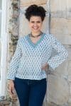 Womens, Sahana blouse, long sleeve, 100% cotton, hand block print. In aqua & grey Aureya print.