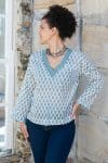 Womens, Sahana blouse, long sleeve, 100% cotton, hand block print. In aqua & grey Aureya print.