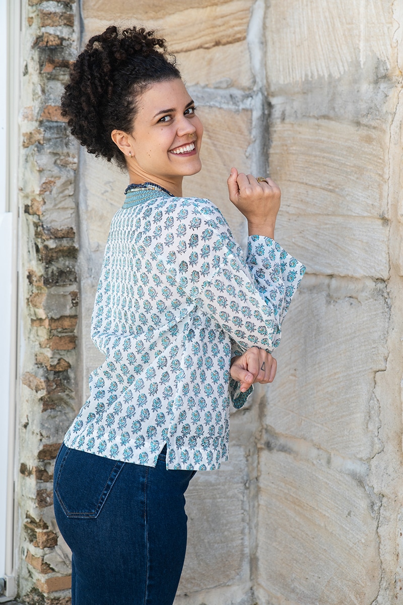 Womens, Sahana blouse, long sleeve, 100% cotton, hand block print. In aqua & grey Aureya print.