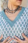 Womens, Sahana blouse, long sleeve, 100% cotton, hand block print. In aqua & grey Aureya print.