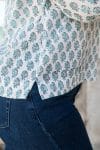 Womens, Sahana blouse, long sleeve, 100% cotton, hand block print. In aqua & grey Aureya print.
