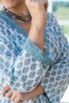 Womens, Sahana blouse, long sleeve, 100% cotton, hand block print. In aqua & grey Aureya print.