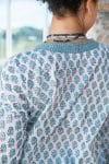 Womens, Sahana blouse, long sleeve, 100% cotton, hand block print. In aqua & grey Aureya print.