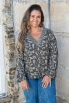 Womens, Sahana blouse, long sleeve, 100% cotton, hand block print. In natural Kassis Suri print.
