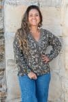 Womens, Sahana blouse, long sleeve, 100% cotton, hand block print. In natural Kassis Suri print.