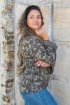 Womens, Sahana blouse, long sleeve, 100% cotton, hand block print. In natural Kassis Suri print.