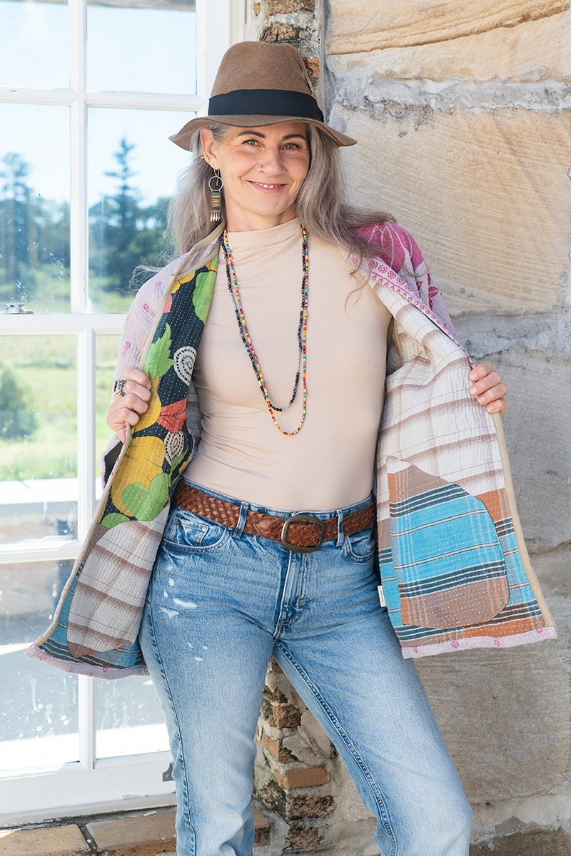 Womens, Rustic Kantha Jacket, handmade from 100% cotton recycled Vintage fabrics, in Demi