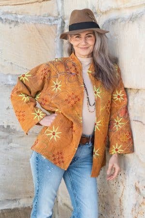 Womens, Rustic Kantha Jacket, handmade from 100% cotton recycled Vintage fabrics, in ochre tones - Sari