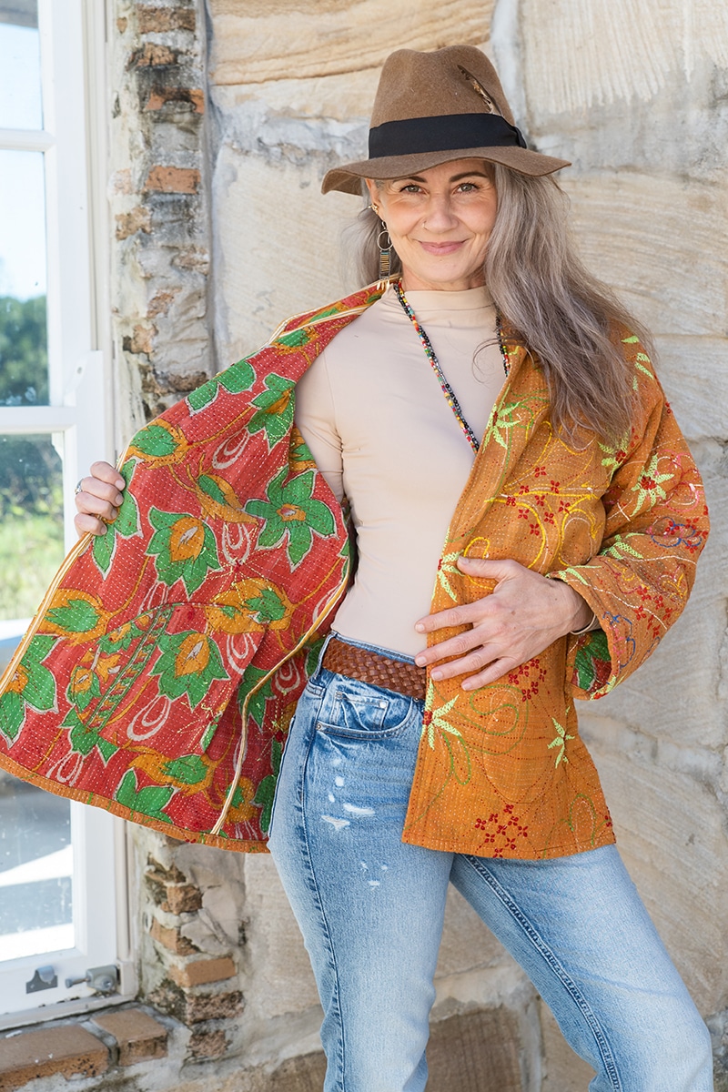 Womens, Rustic Kantha Jacket, handmade from 100% cotton recycled Vintage fabrics, in ochre tones - Sari